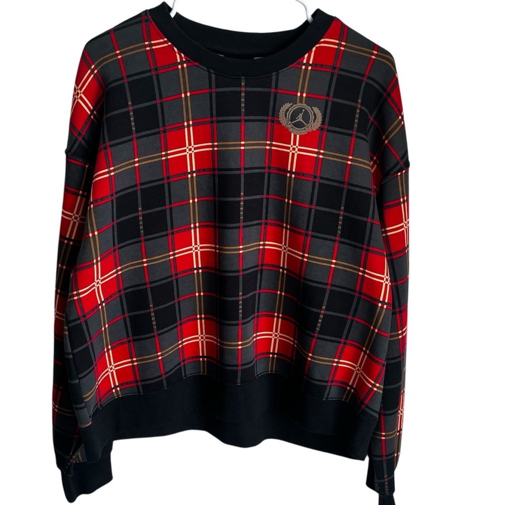 Jordan Red Black Plaid Loose Fit Women’s Crewneck Sweatshirt Fleece Size Small